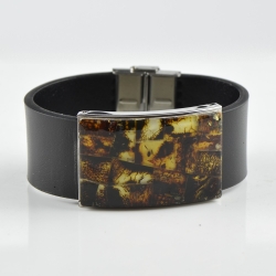 Amber bracelet for men with black leather